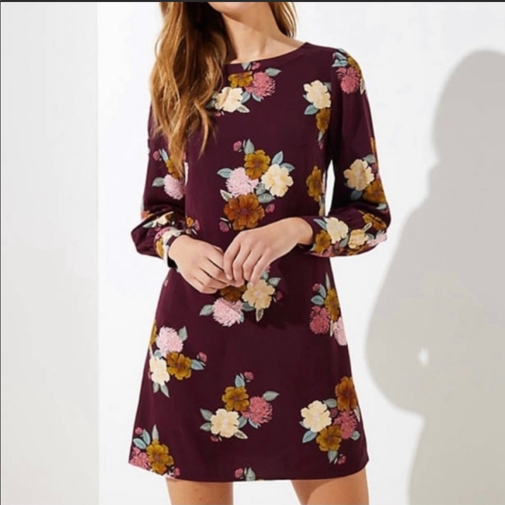 Loft Burgundy Floral Shift Mini Dress